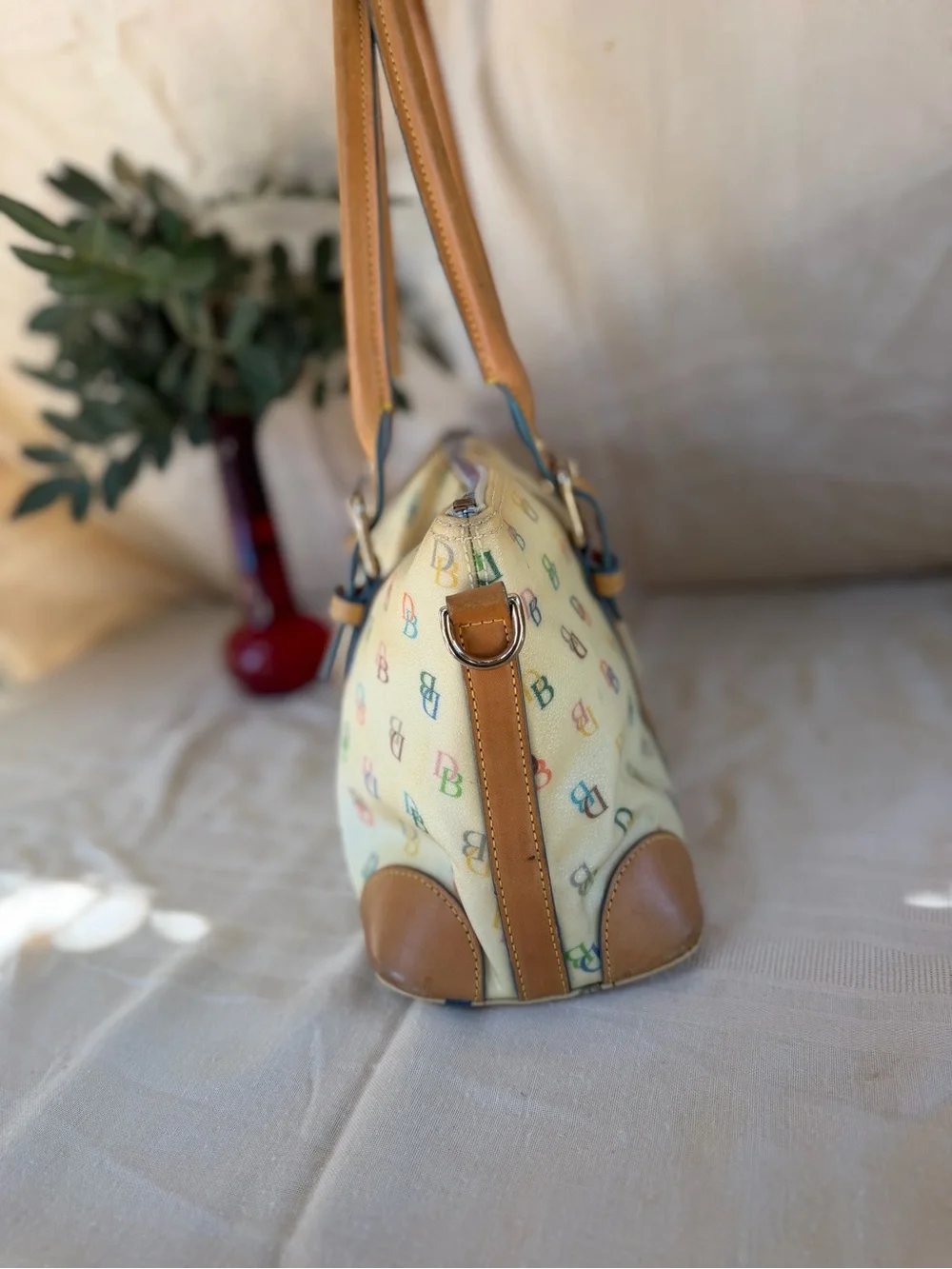 Dooney & Bourke Cream Multicolor DB Logo Satchel with Tan Trim